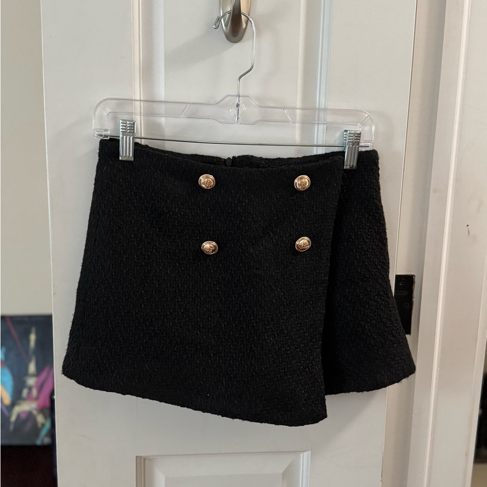 Black tweed mini skort with gold buttons